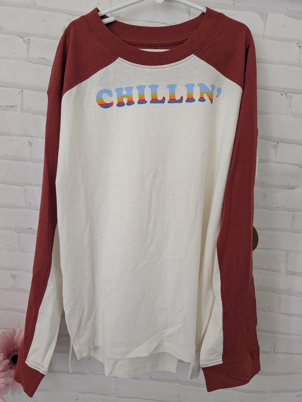dip White Body Long Sleeve Raglan Tee with Rust Sleeves